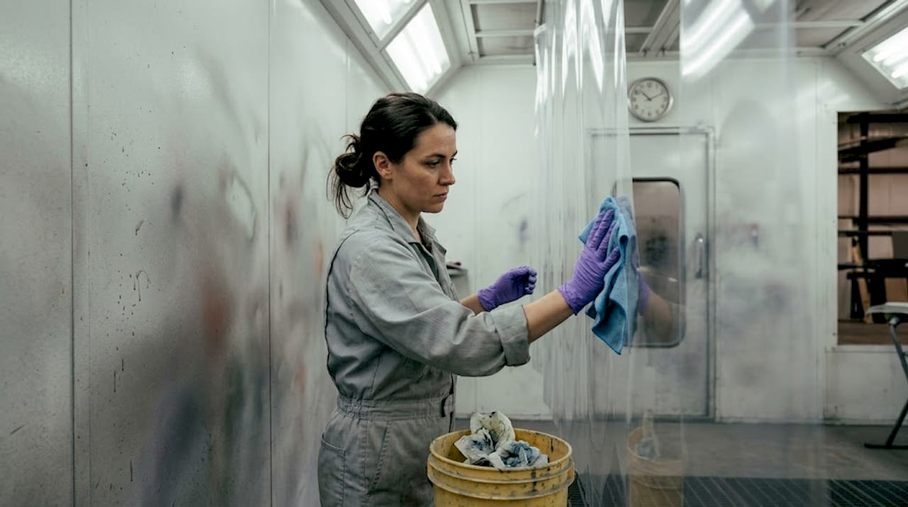 Worker cleaning booth film with wipe
