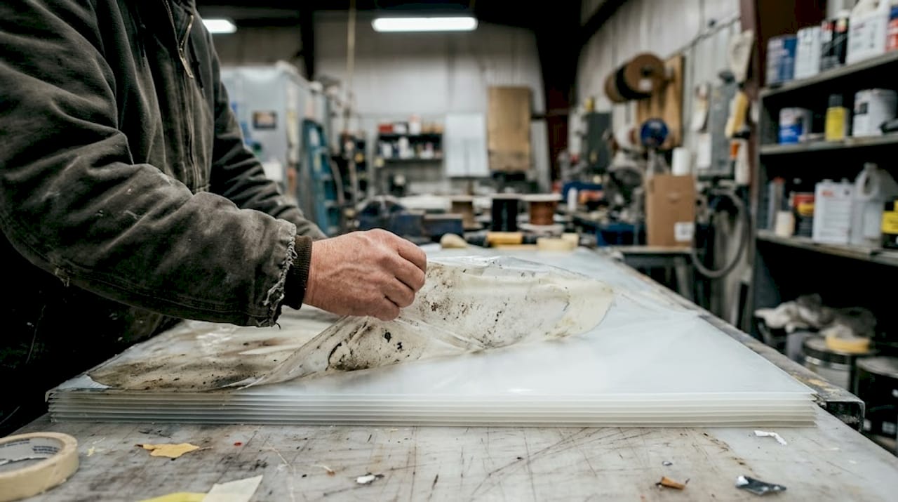 Peeling layered film on spray booth wall