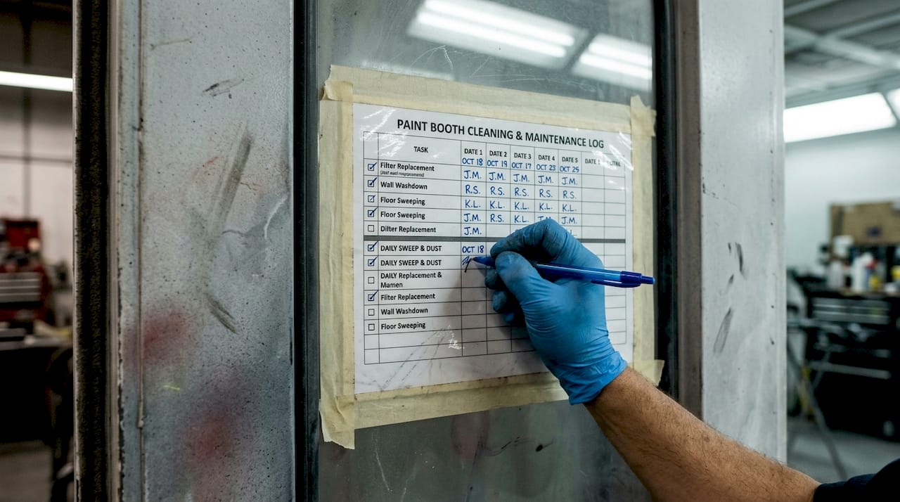 Laminated cleaning chart inside paint booth