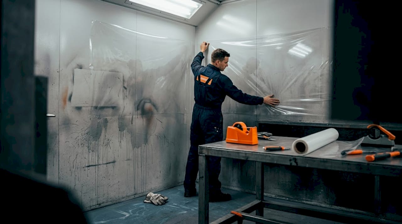 Worker applying film inside spray booth