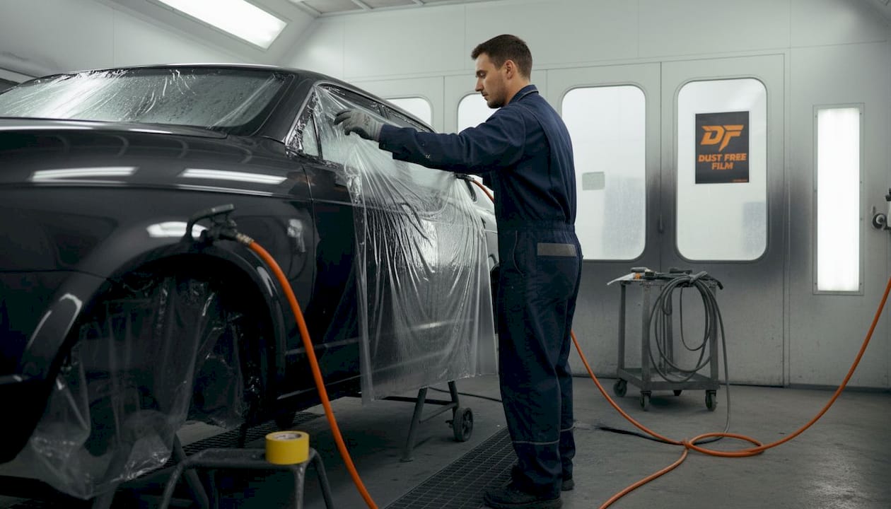 Technician applies film in spray booth