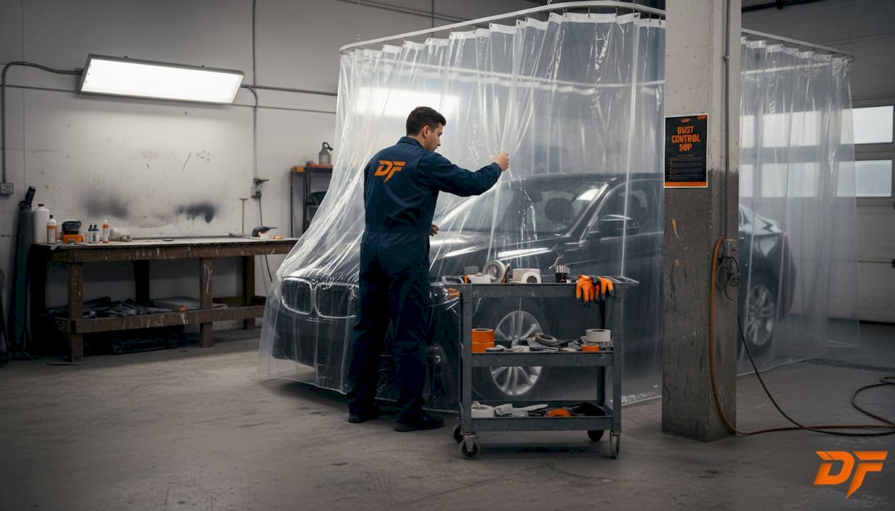 Technician installs dust barrier curtain in shop
