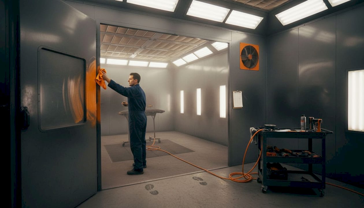 Technician cleaning spray booth wall before film installation