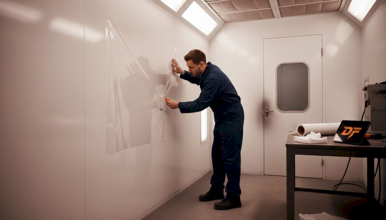 Technician installing anti-static film in spray booth