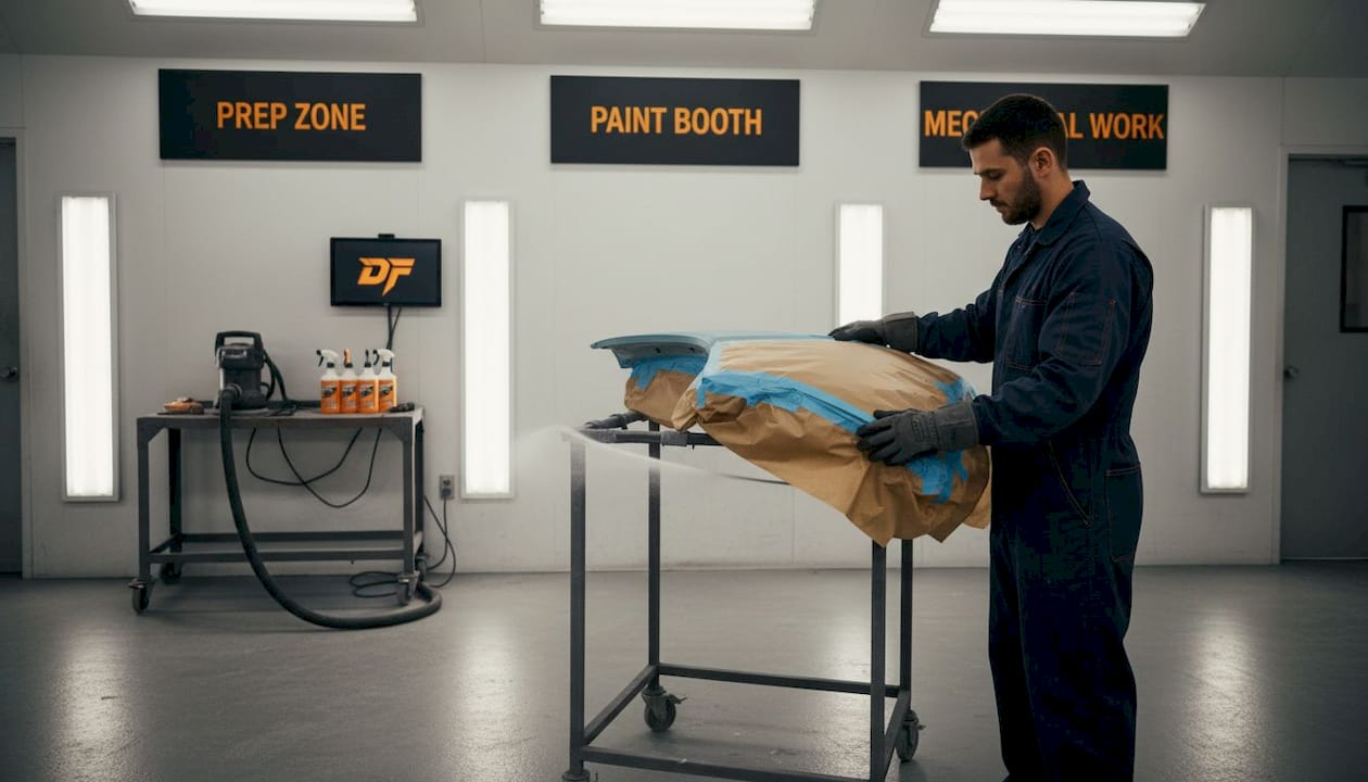Worker stages masked panels in clean prep area