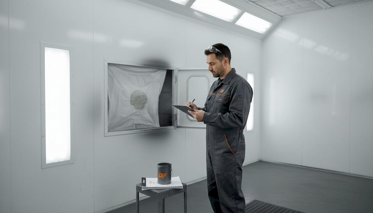 Technician auditing spray booth for dust