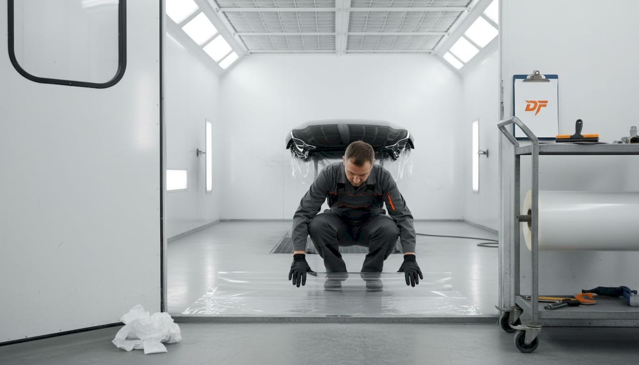 Technician smoothing booth film on spray booth floor