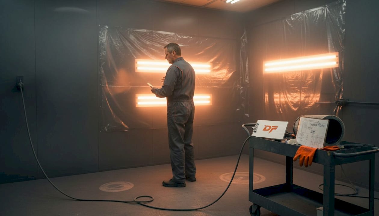 Technician inspects spray booth wall protection film