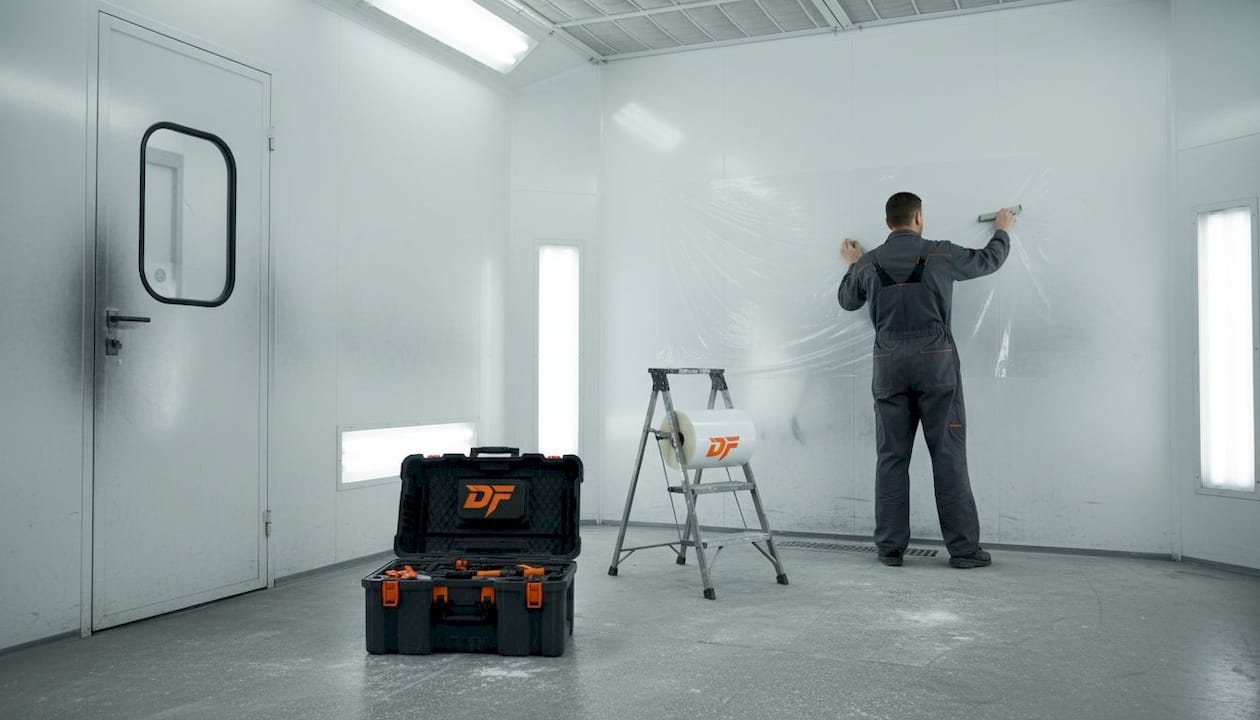 Technician installs static-free film in spray booth