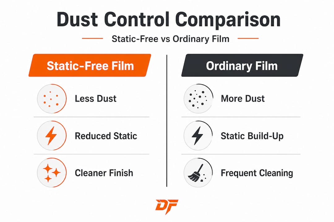 Infographic comparing static-free and standard film features