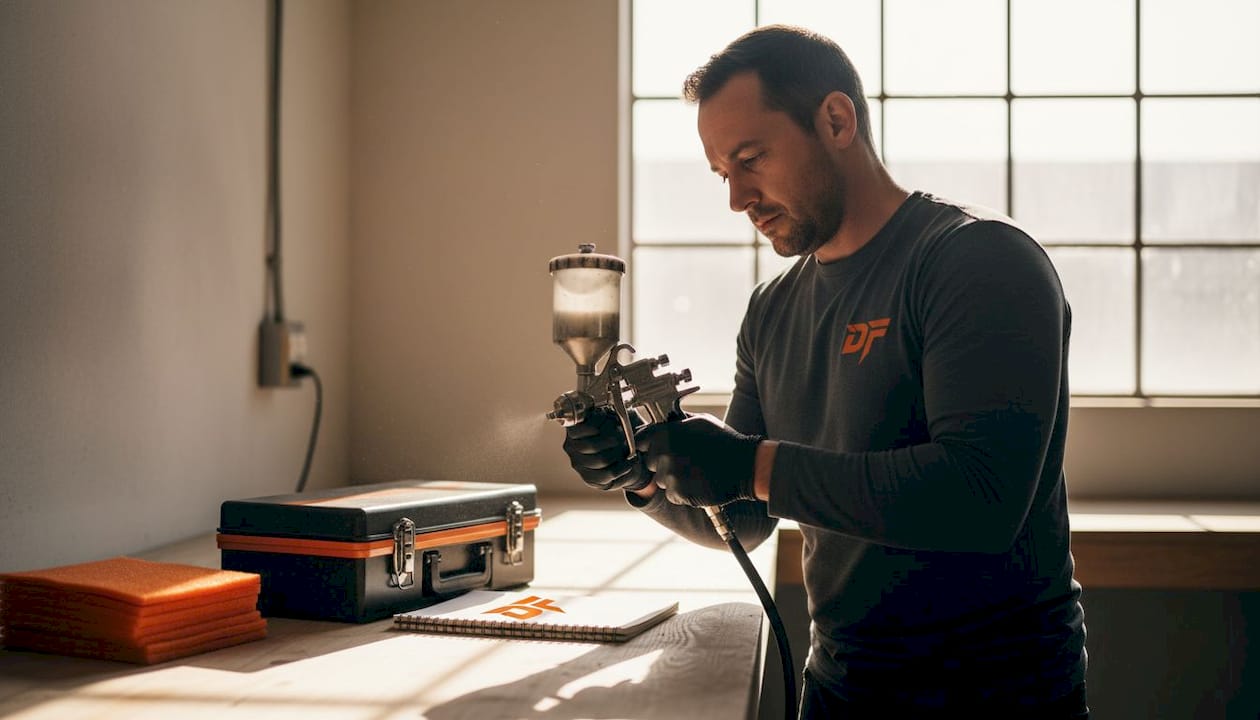Contractor cleans paint spray gun equipment