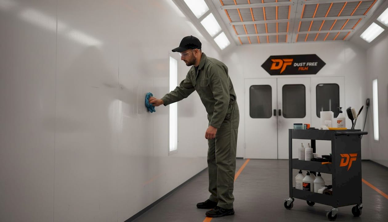 Technician cleaning spray booth interior surfaces