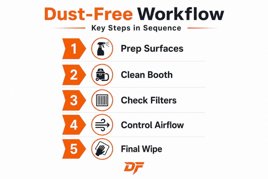 Vertical infographic showing key steps to dust-free spray booth workflow