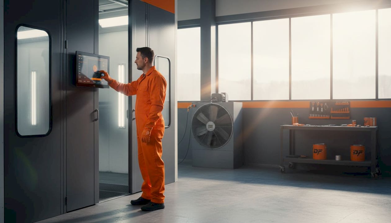 Technician monitoring dust control in auto shop