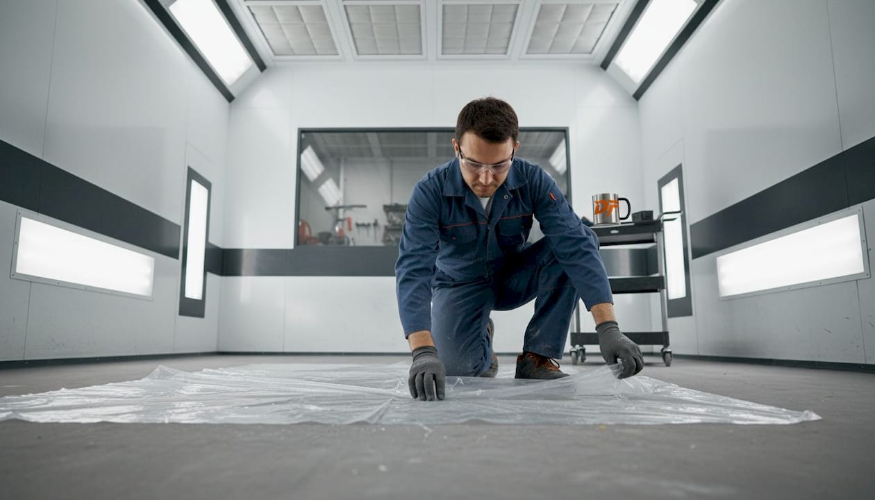 Technician cleaning dust control mat inside paint booth