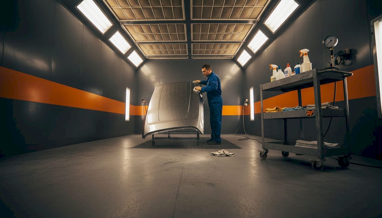 Technician cleans spray booth panel interior