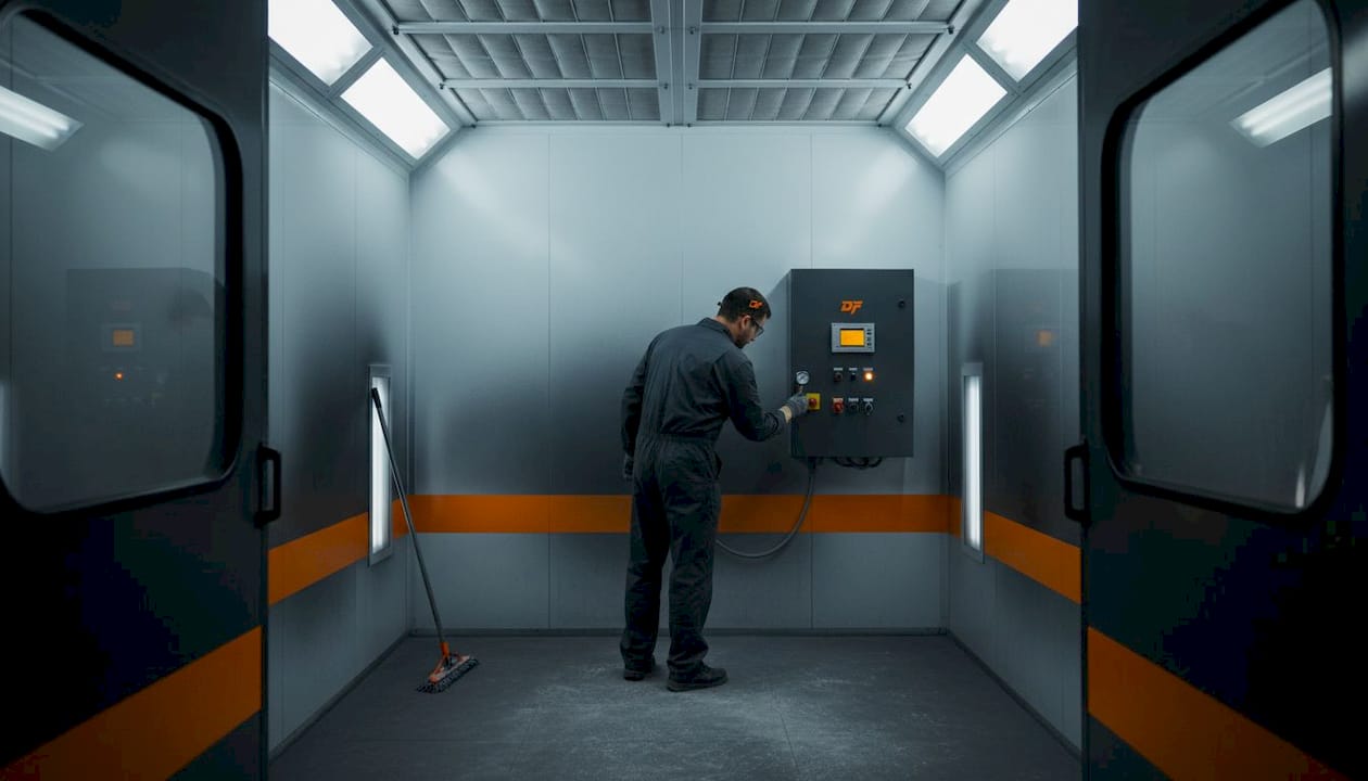 Technician inside downflow spray booth with dust