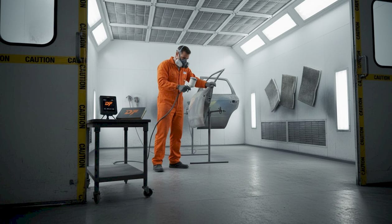 Spray painter checks dust sensor in auto booth