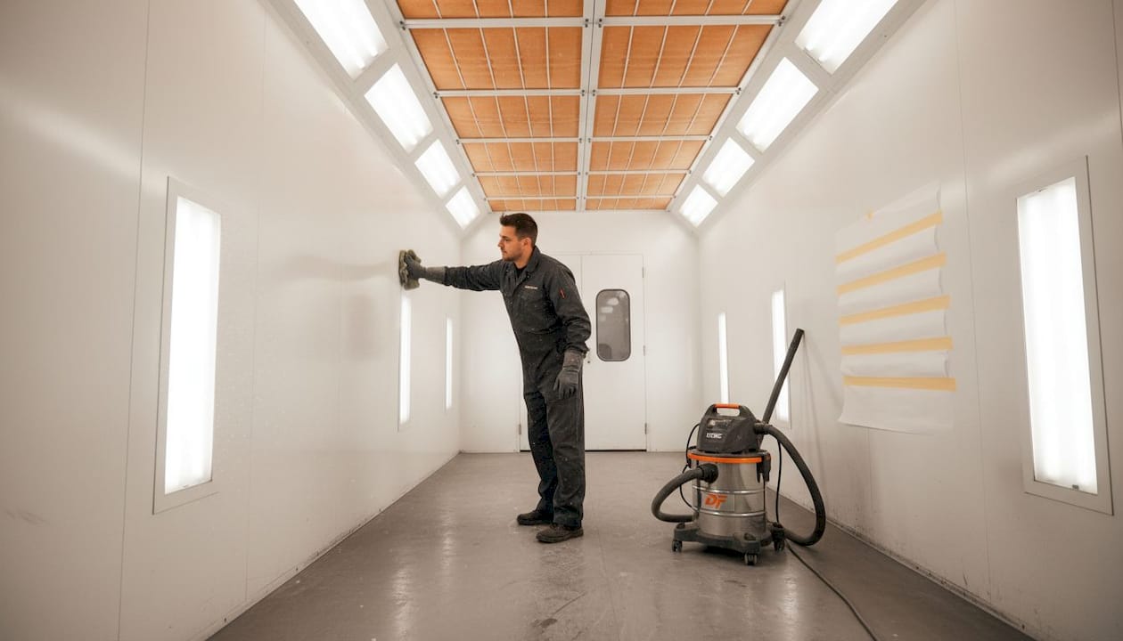 Technician cleaning spray booth interior