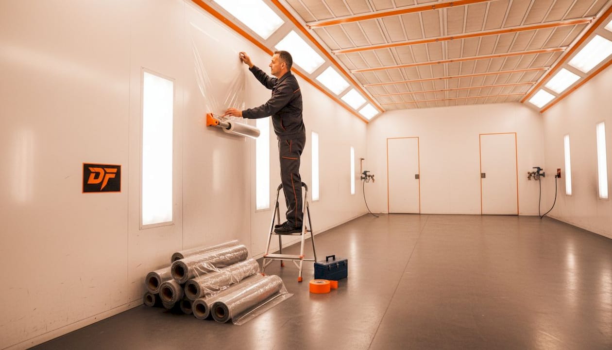 Technician applying booth wall protection film