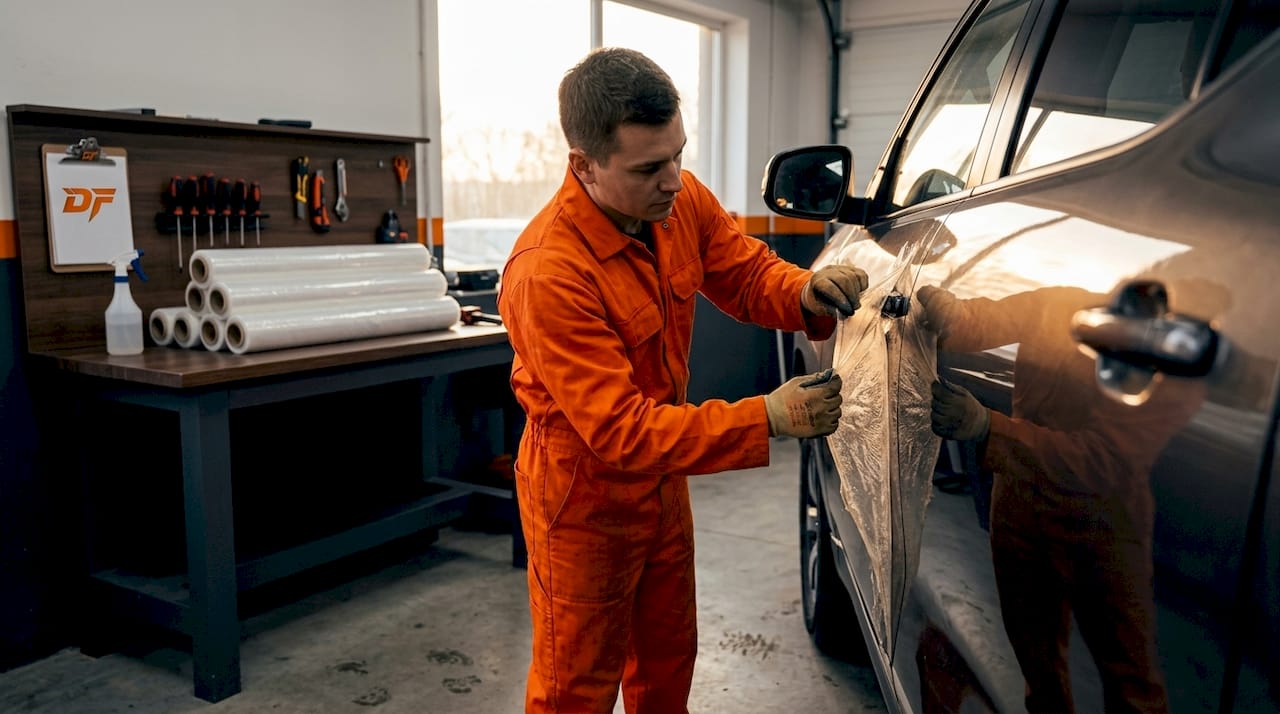 Technician replacing worn plastic film on car door