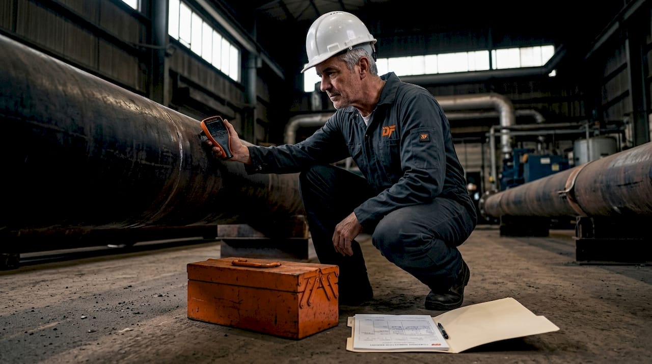 Inspector checks steel surface with digital gauge