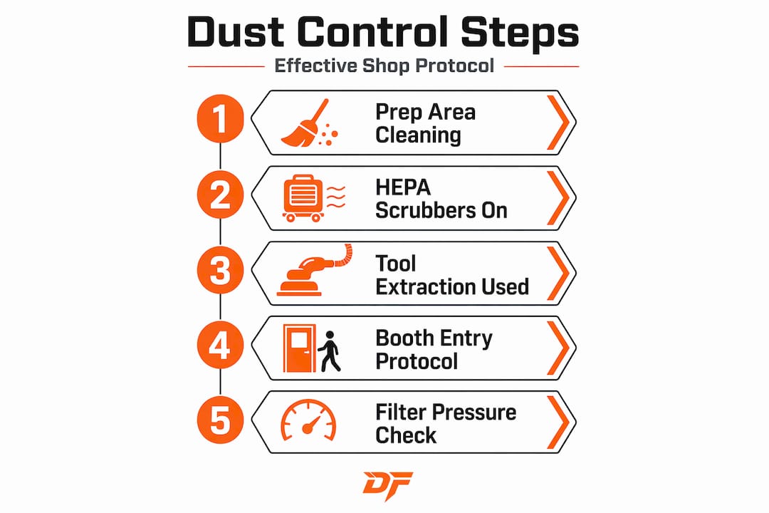 Vertical flowchart of dust control steps for auto shops