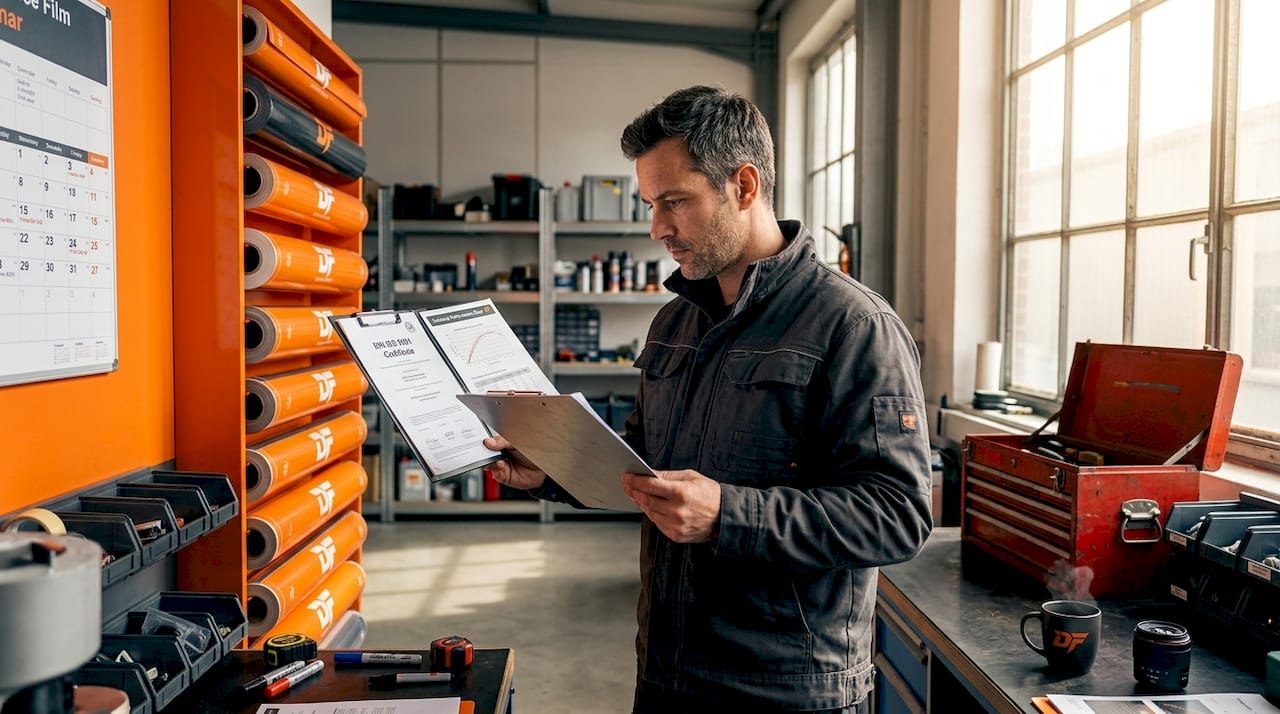 Worker inspecting European protective film certifications