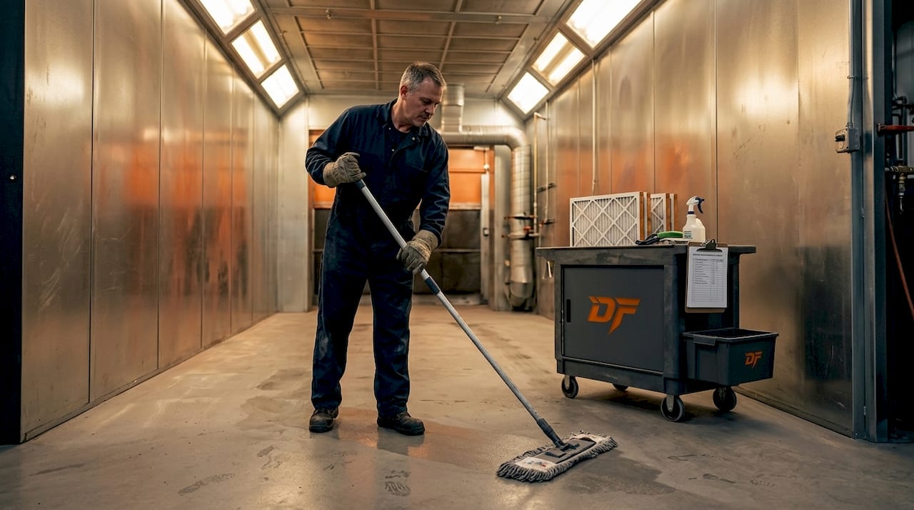 Facility manager cleaning paint spray booth