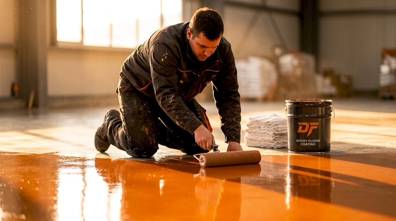 Worker applying epoxy floor coating in warehouse