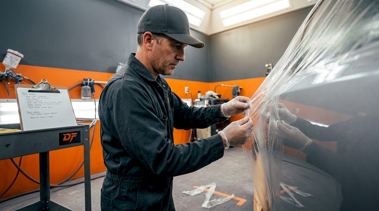 Technician testing adhesion of booth protection film