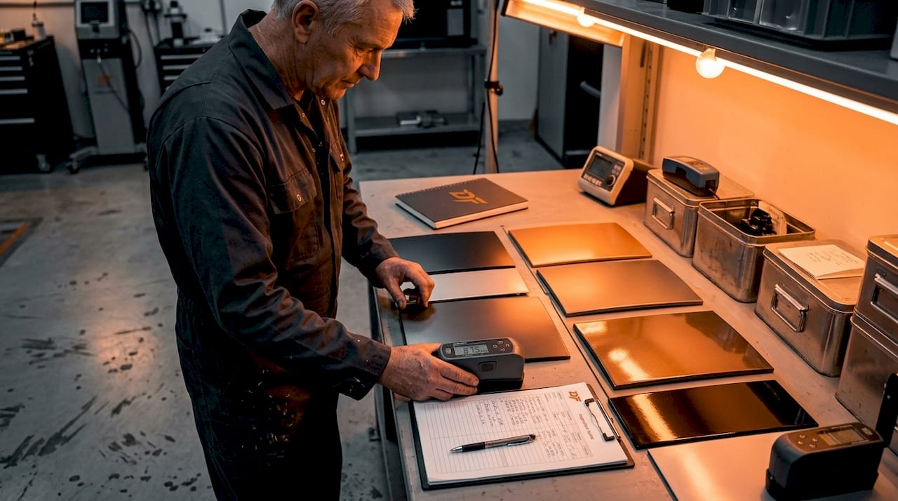 Technician reviewing paint finish samples