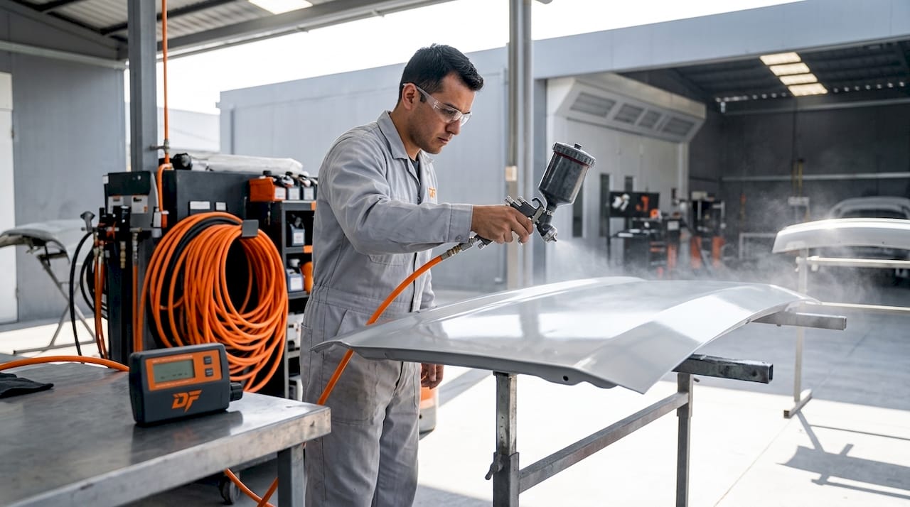 Technician spraying coating on metal panel
