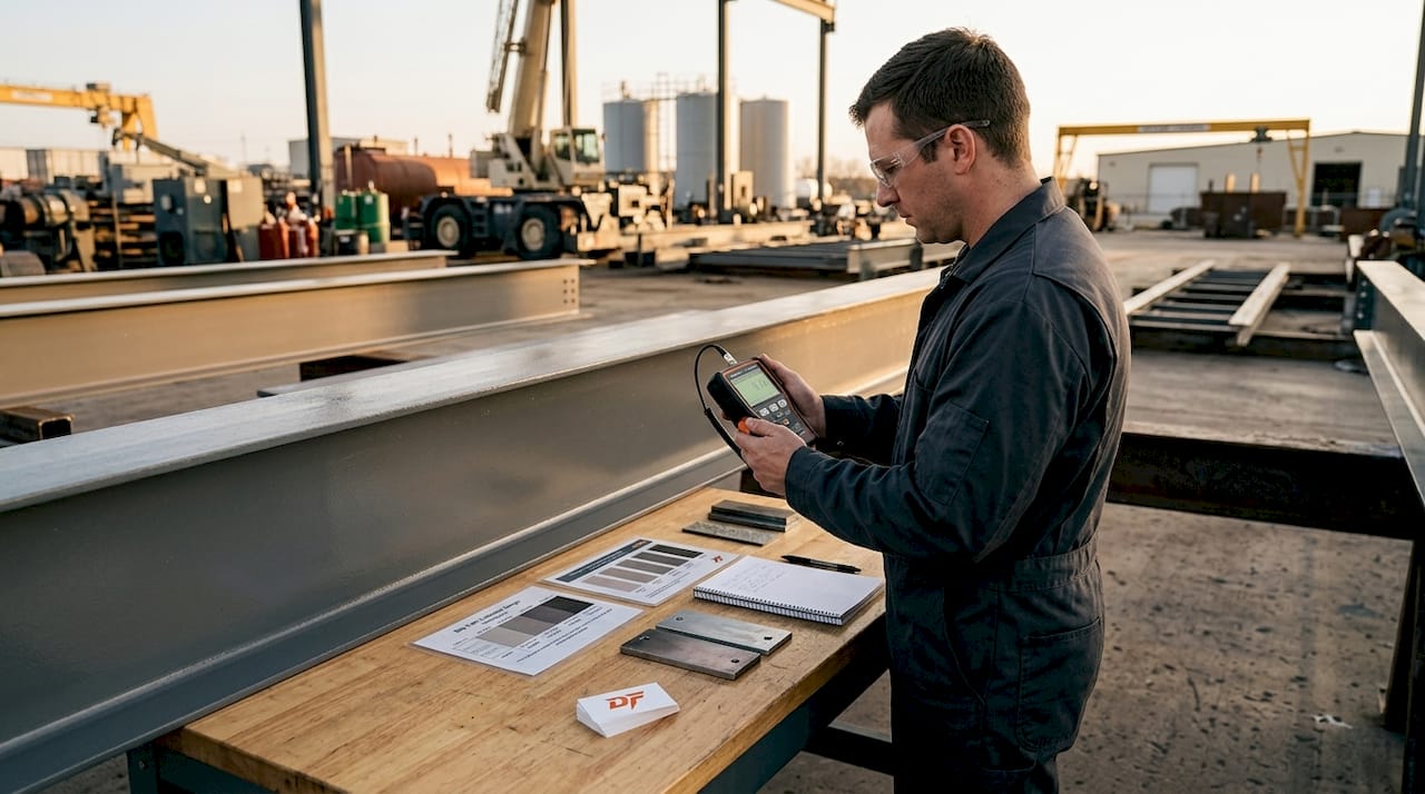 Inspector measuring paint thickness on steel