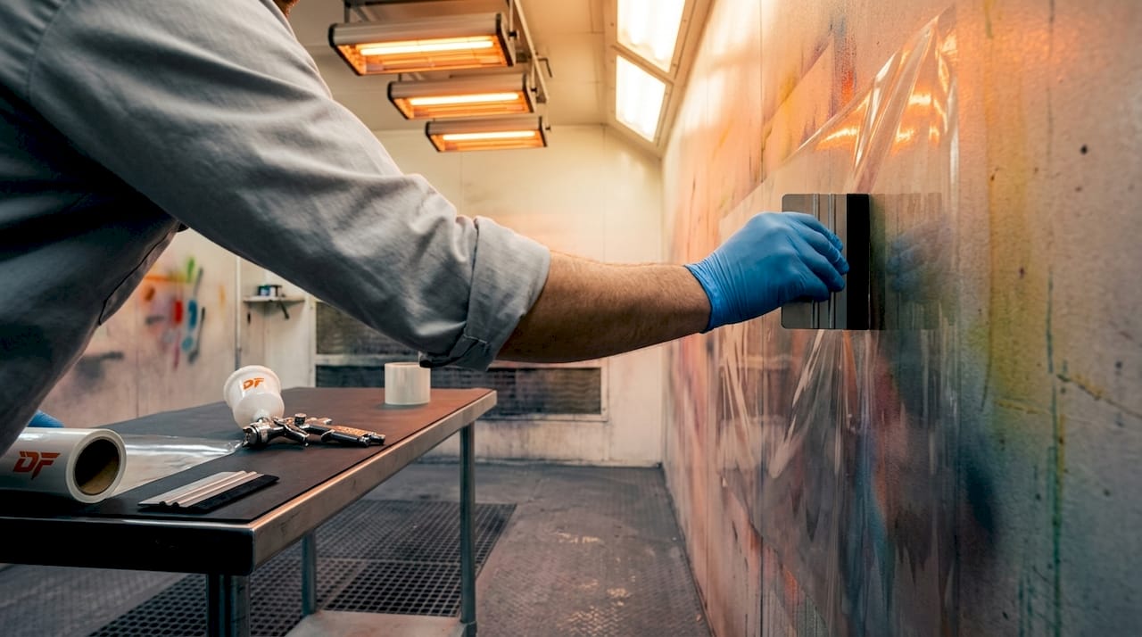 Worker applying protective film inside spray booth