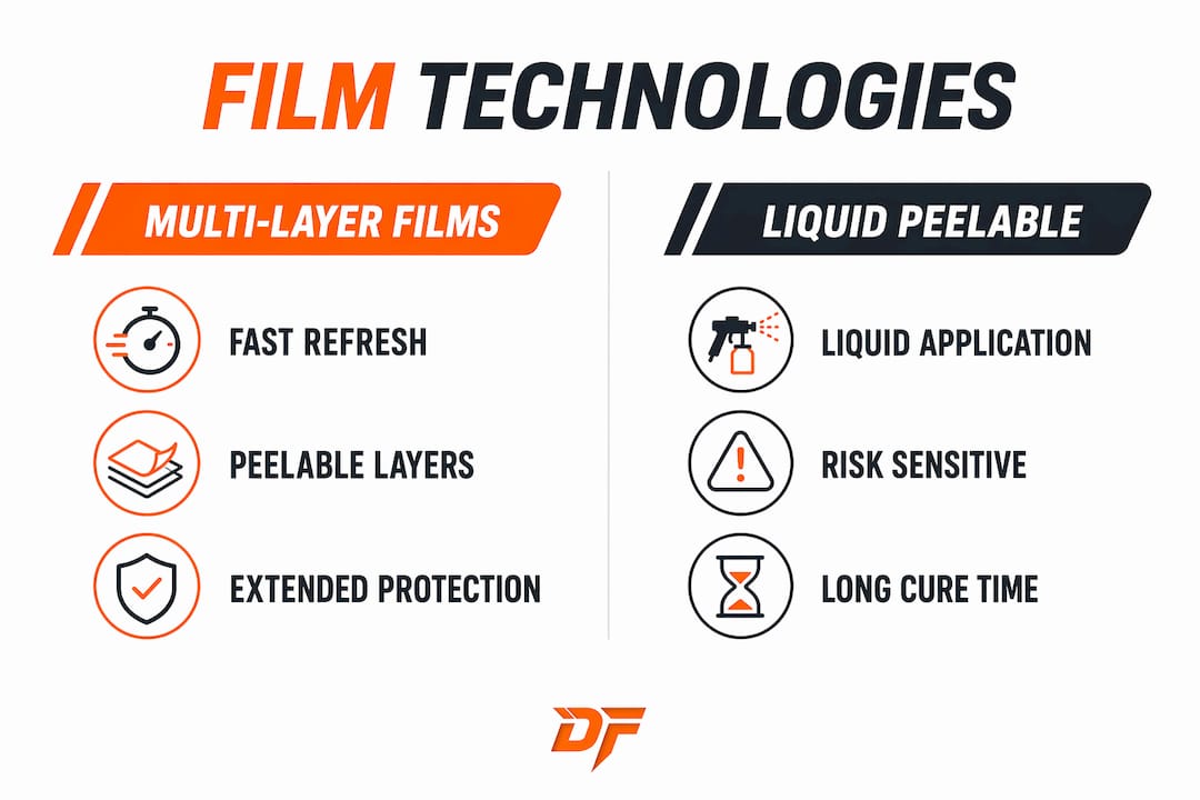 Infographic comparing multi-layer and liquid peelable booth films