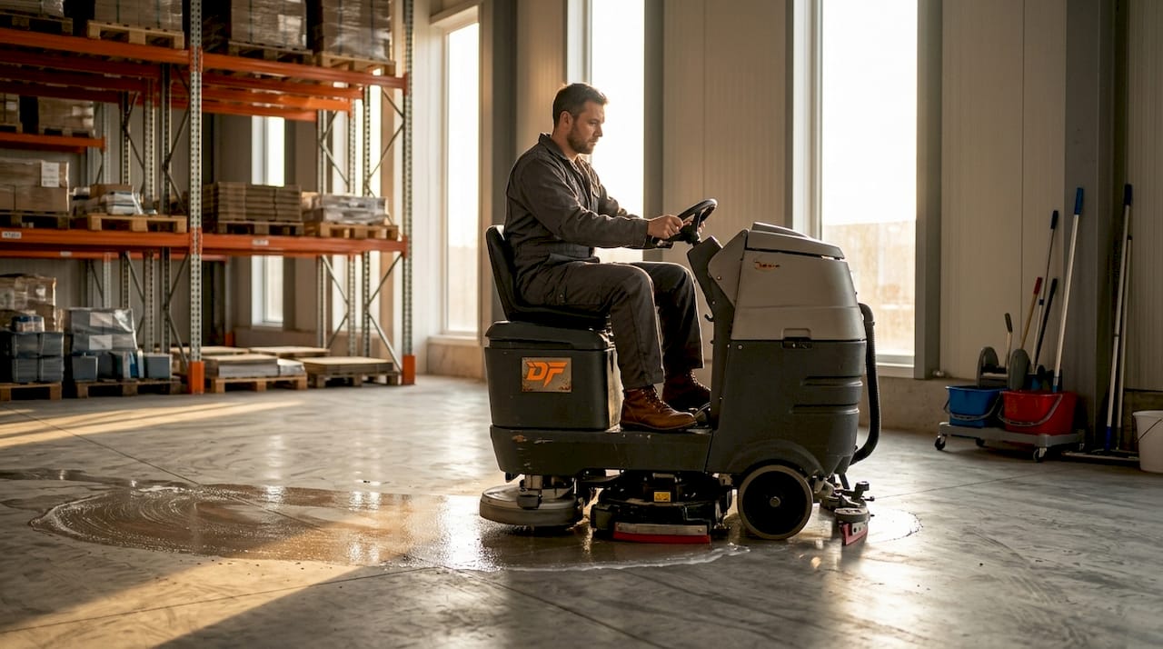 Worker using floor scrubber in industrial site