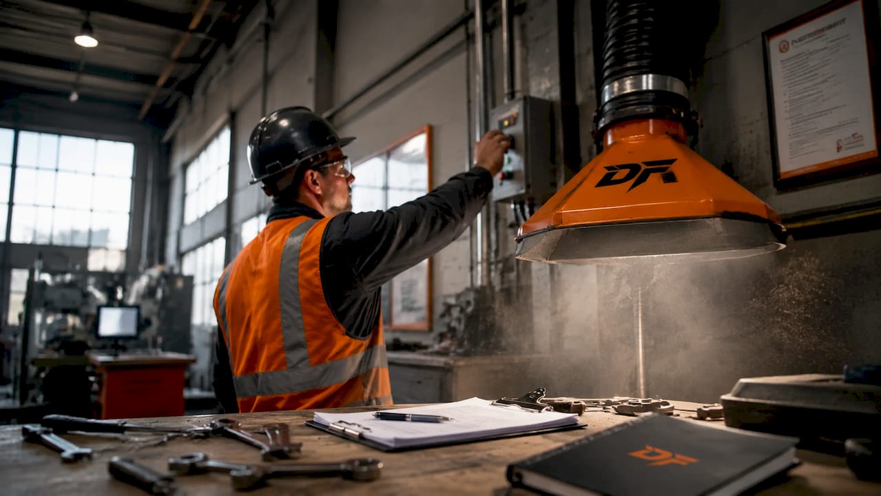 Engineer adjusting industrial dust control ventilation
