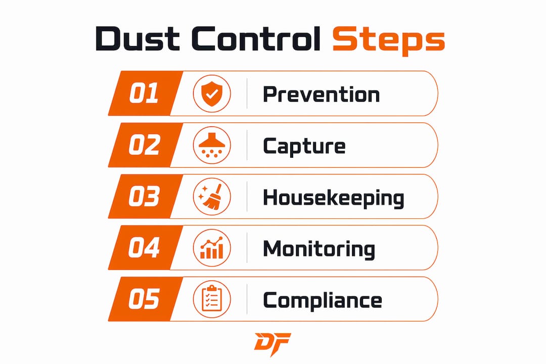 Infographic illustrating dust control process steps