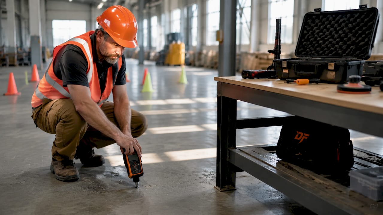 Facility manager testing industrial floor moisture
