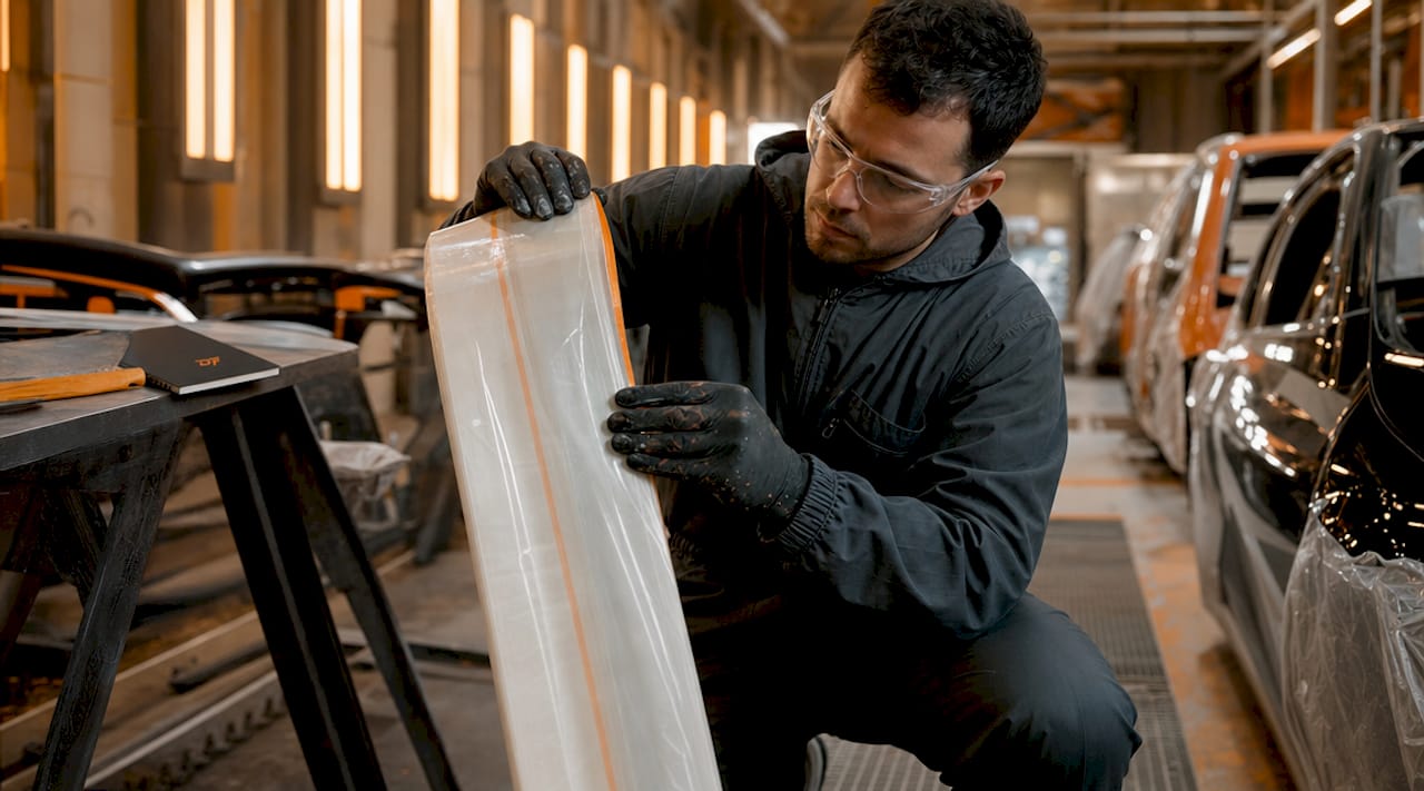 Technician inspecting spray booth protective film