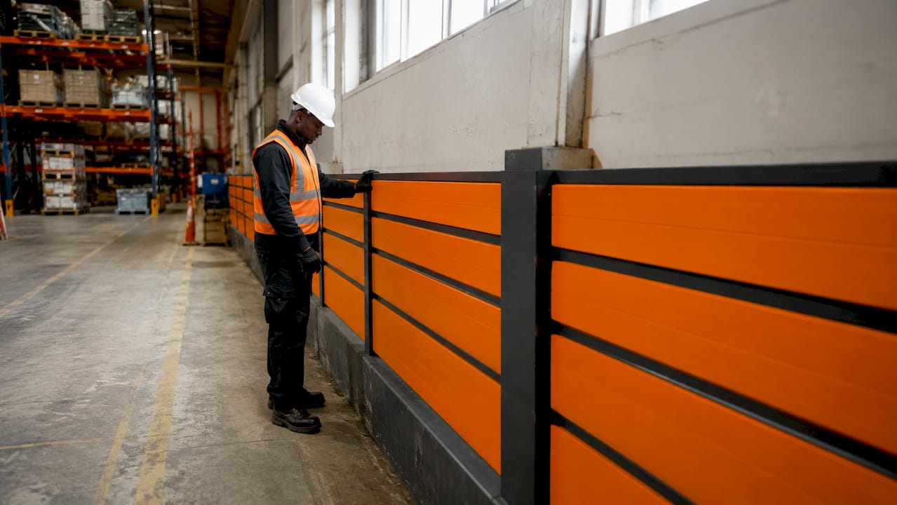 Worker inspecting wall guards in plant corridor