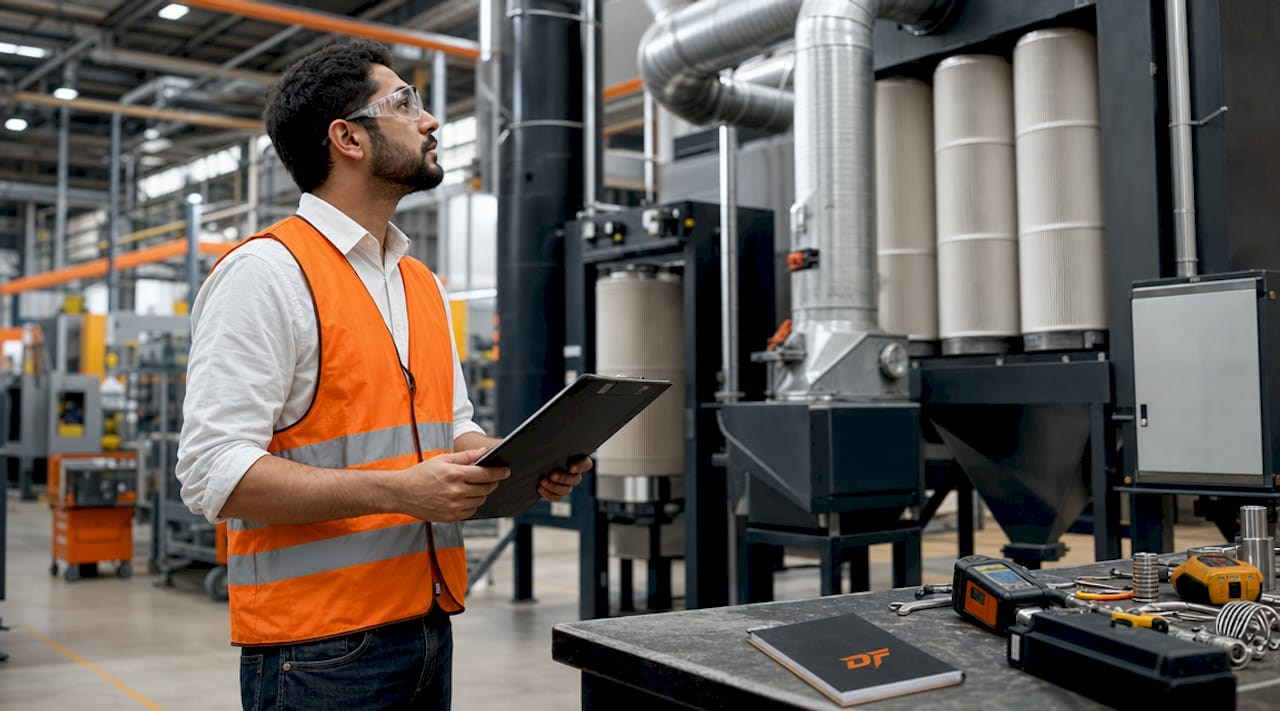 Industrial hygienist inspecting dust filtration