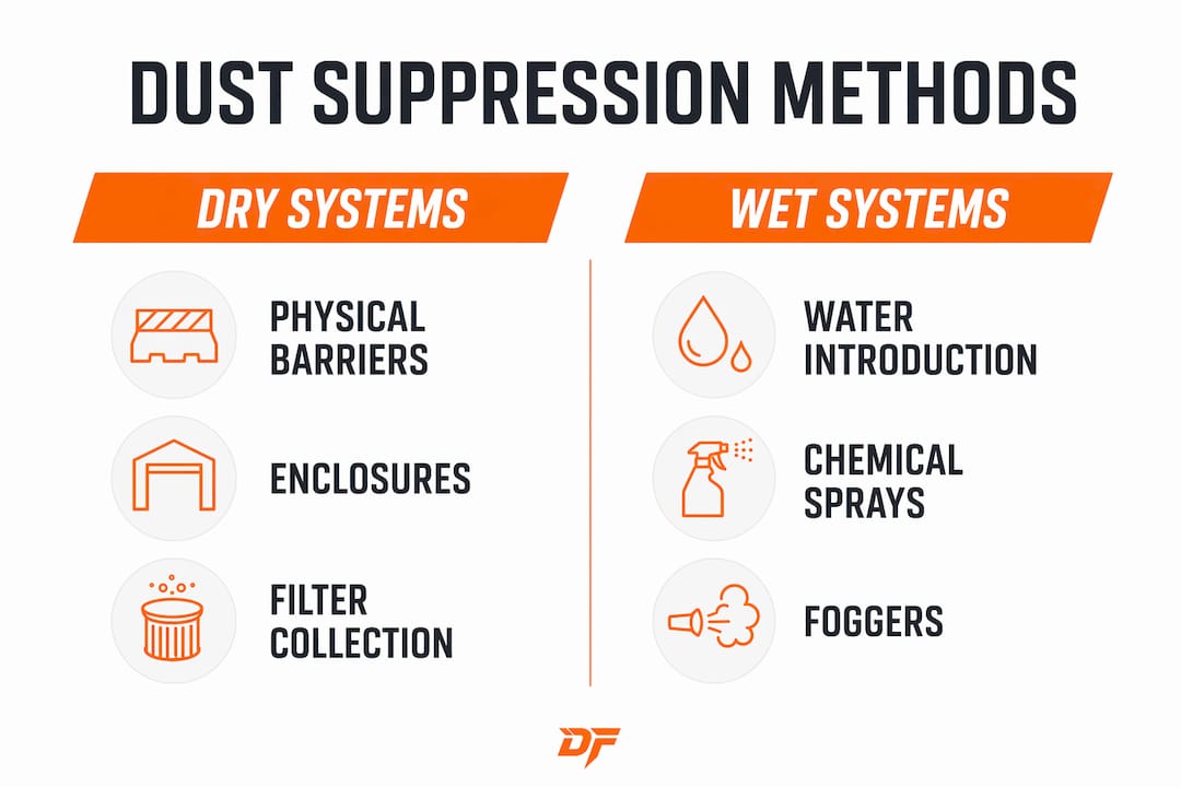 Infographic comparing dry and wet dust suppression methods