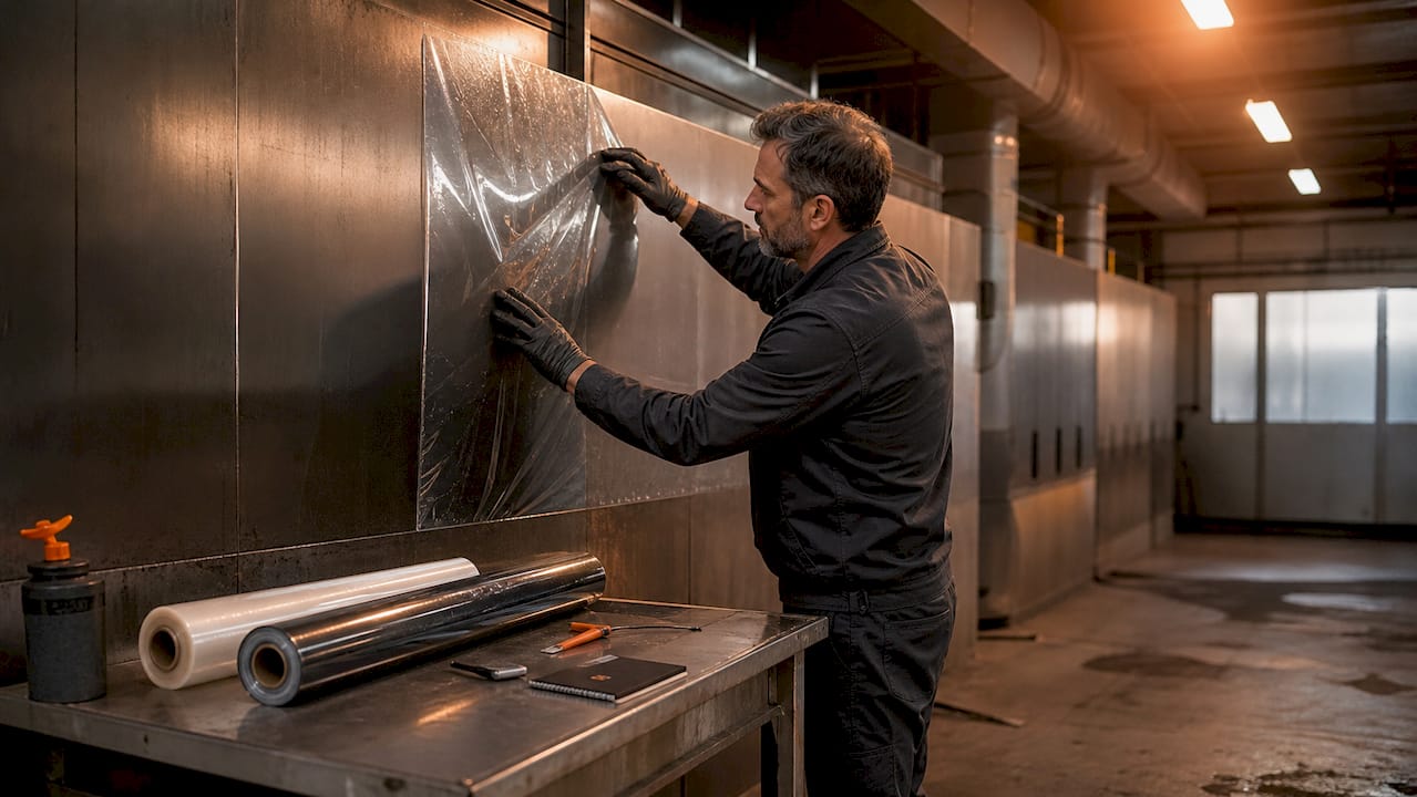 Technician applying protective film in booth