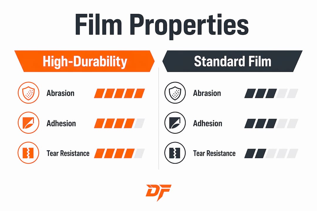 Infographic comparing high-durability vs standard film properties