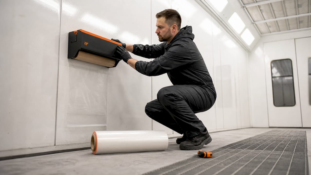 Technician aligning booth film dispenser inside spray booth