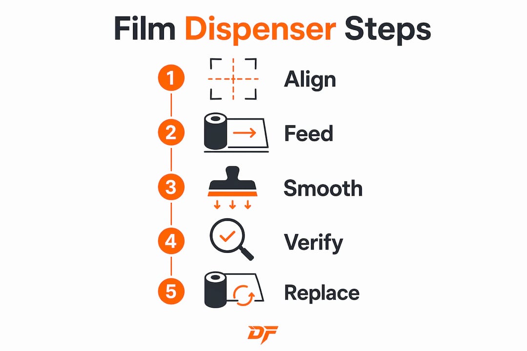 Infographic showing step-by-step film dispenser workflow