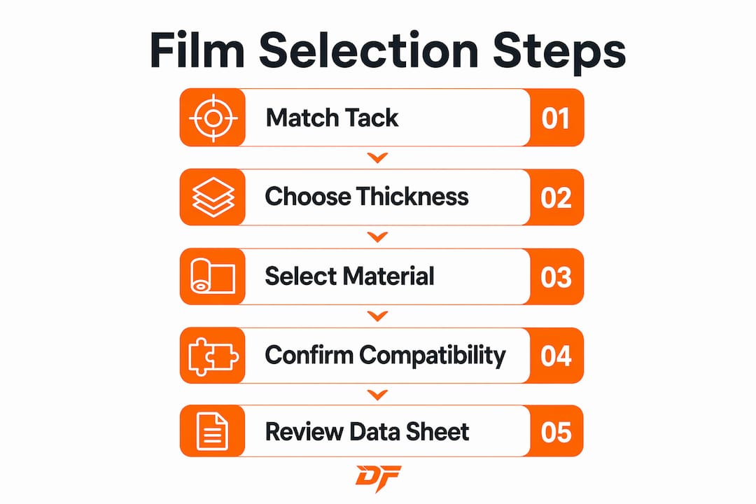 Infographic showing key steps in dust protection film selection
