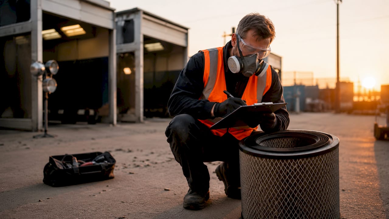 Worker inspecting spray booth air filters